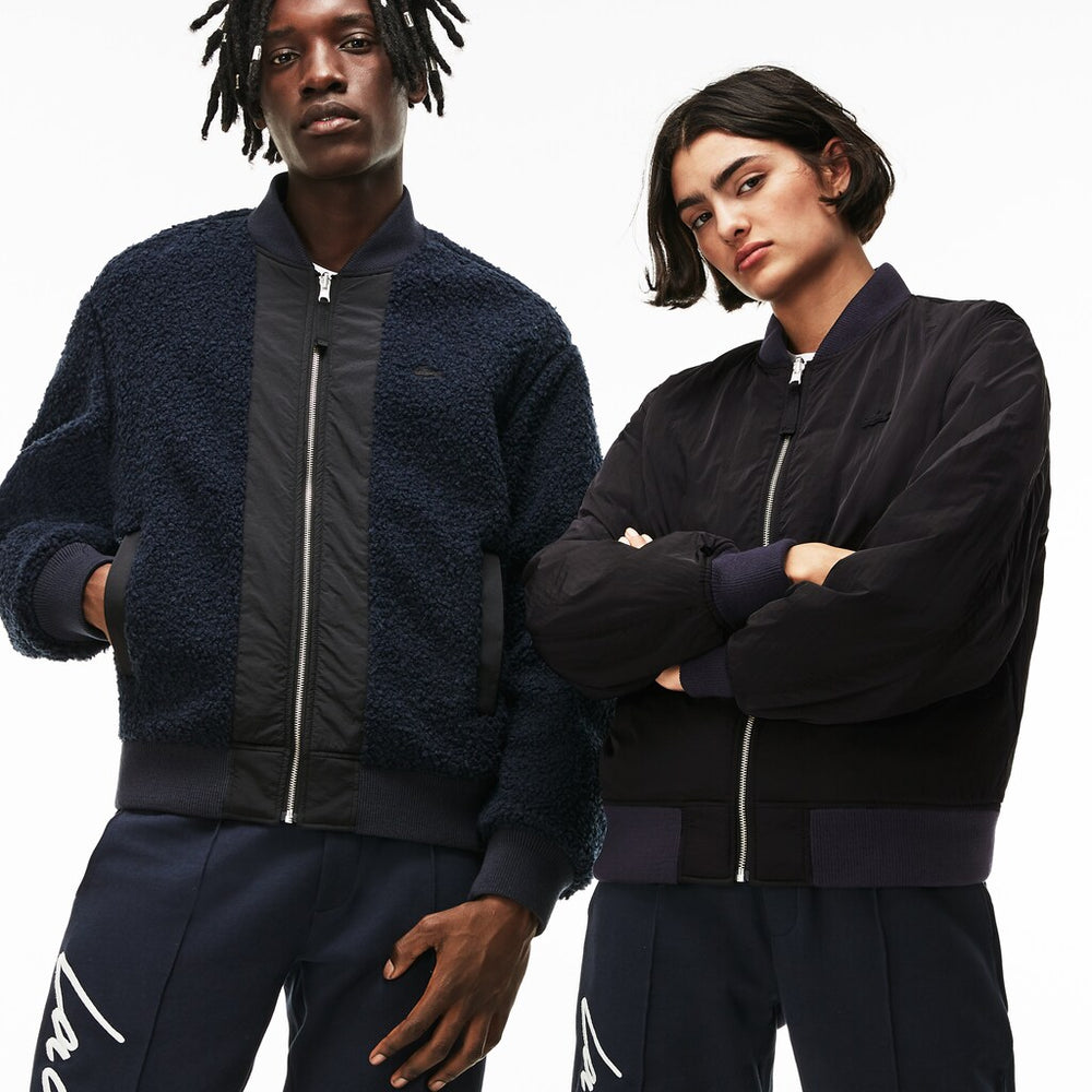 Mens Unisex LIVE Reversible Nylon And Fleece Bomber Jacket | Lacoste Black / Blue • Hxf