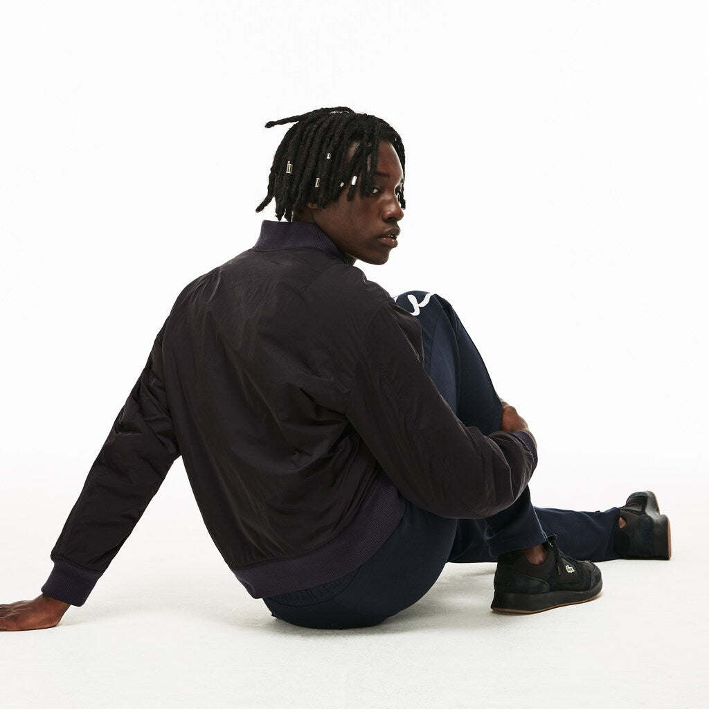 Mens Unisex LIVE Reversible Nylon And Fleece Bomber Jacket | Lacoste Black / Blue • Hxf