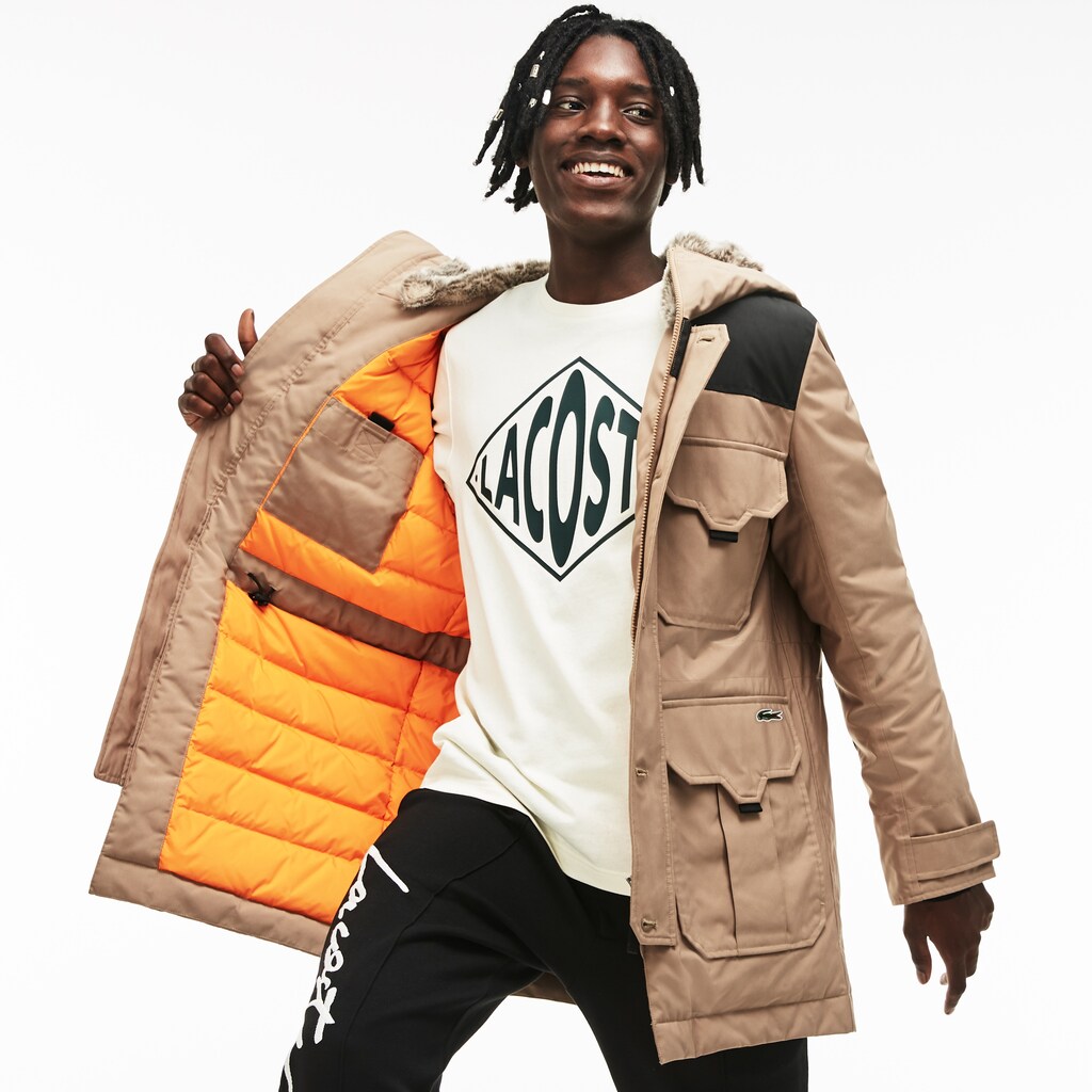 Mens Unisex LIVE Water-Resistant Canvas Quilted Parka | Lacoste Beige / Black • D8N