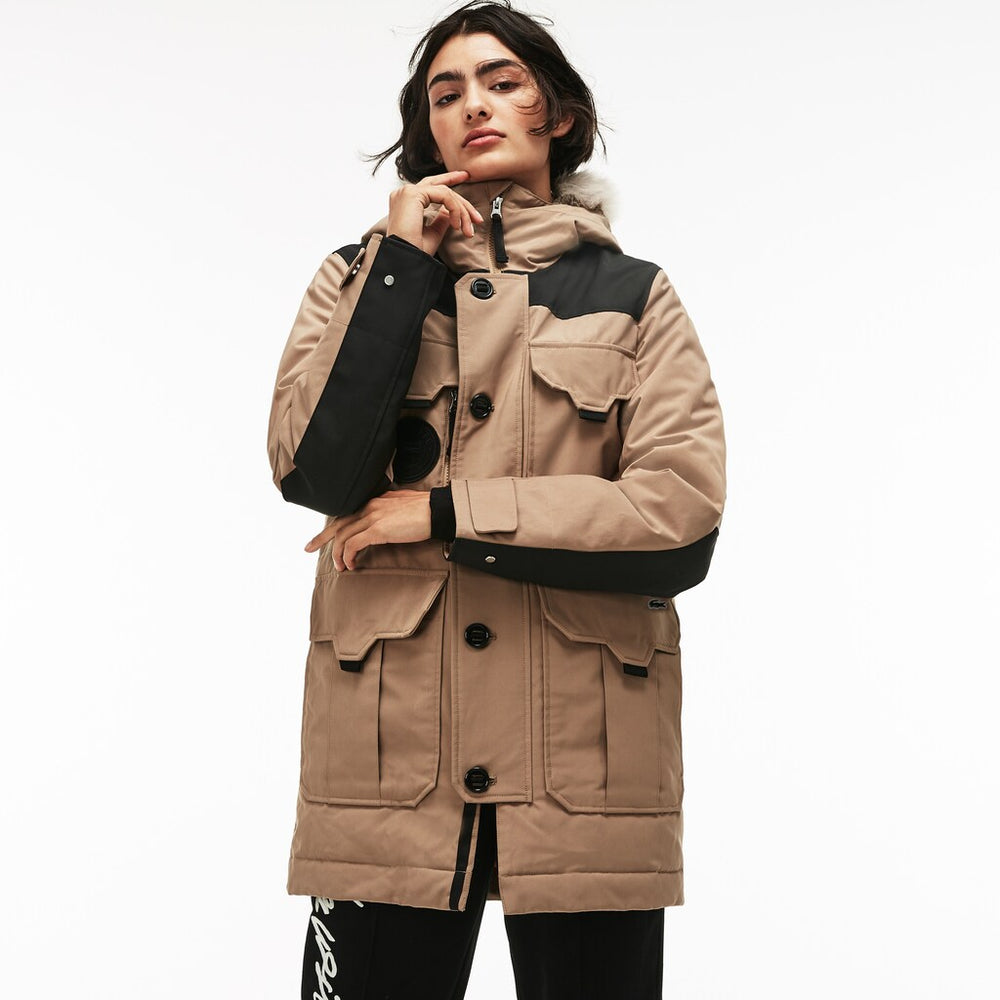 Mens Unisex LIVE Water-Resistant Canvas Quilted Parka | Lacoste Beige / Black • D8N