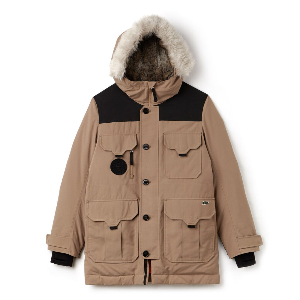 Mens Unisex LIVE Water-Resistant Canvas Quilted Parka | Lacoste Beige / Black • D8N
