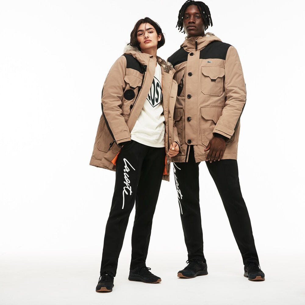 Mens Unisex LIVE Water-Resistant Canvas Quilted Parka | Lacoste Beige / Black • D8N