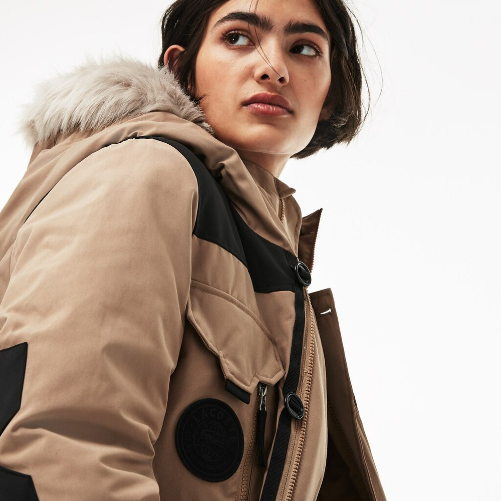 Mens Unisex LIVE Water-Resistant Canvas Quilted Parka | Lacoste Beige / Black • D8N