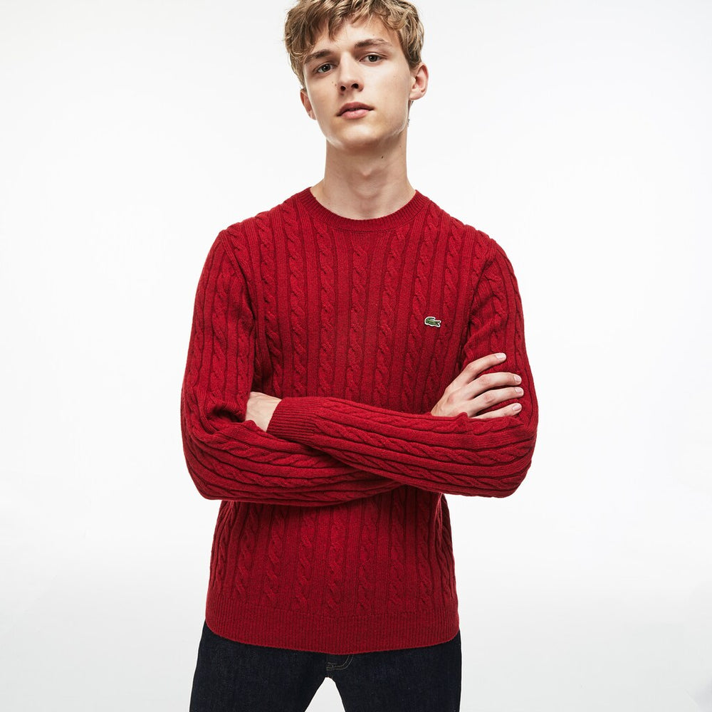 Mens   Crew Neck Wool Cable Knit Effect Sweater | Lacoste Red • Eu7