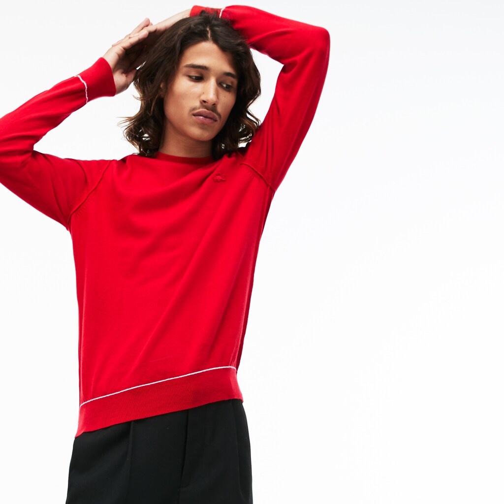 Mens   LIVE Crew Neck Cotton And Cashmere Jersey Sweater | Lacoste Red / White • Bml