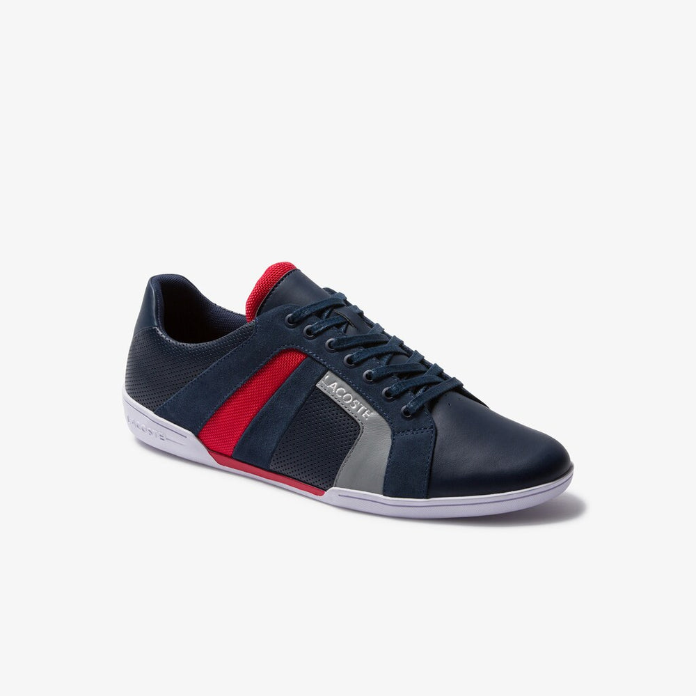 Mens   Chaymon Club Leather and Suede Sneakers | Lacoste Nvy/Red • 144