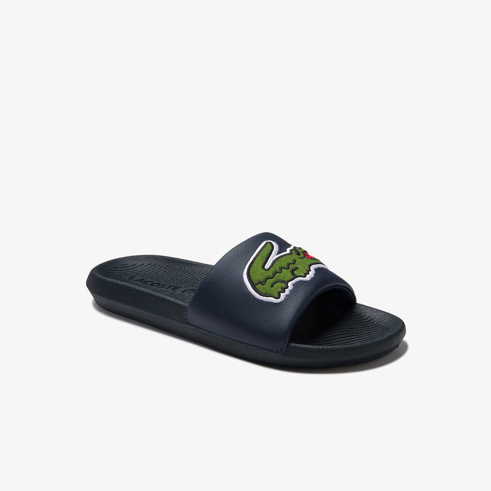 Mens   Croco Synthetic and PU Slides | Lacoste Navy/Green • 2S3