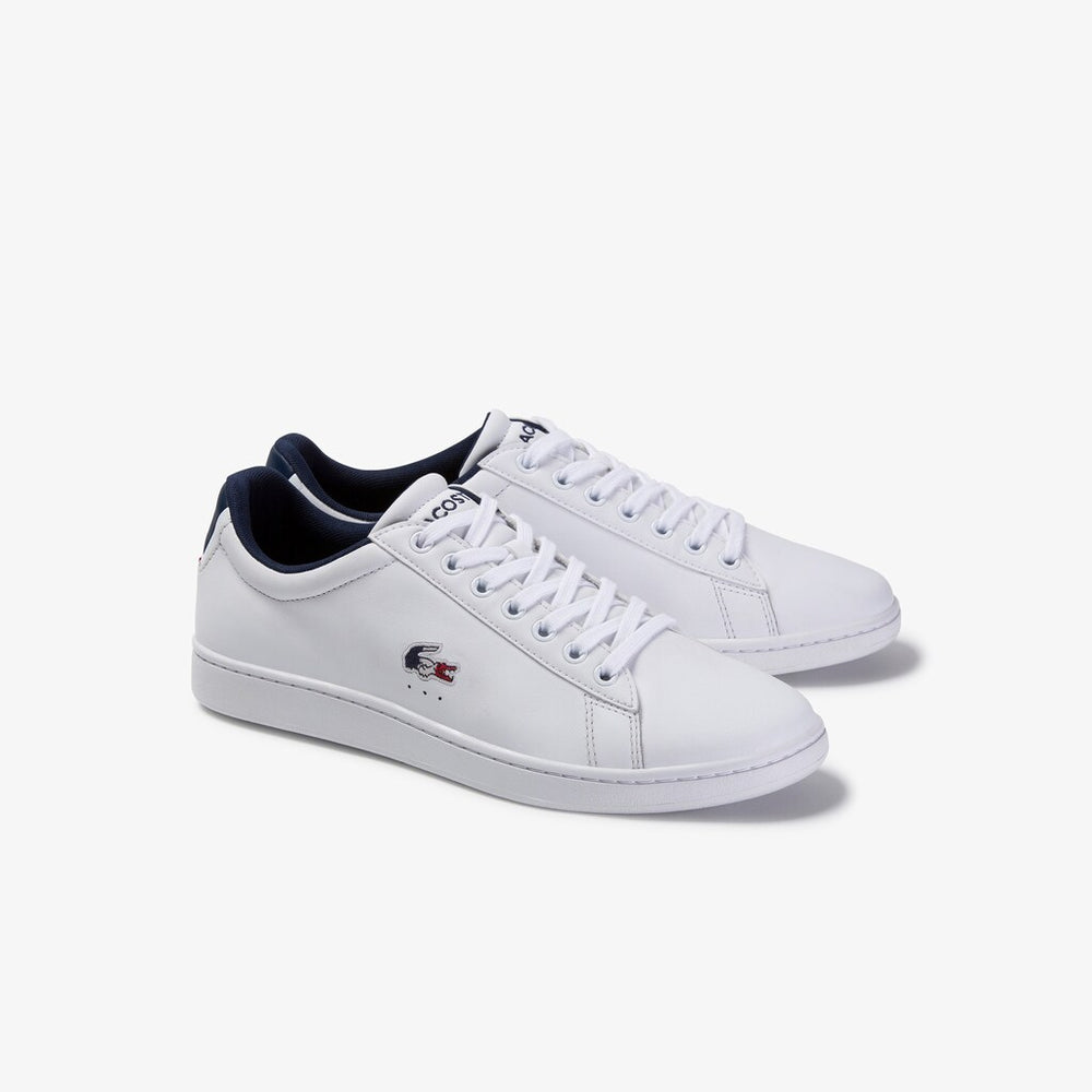 Mens   Carnaby Evo Leather and Synthetic Sneakers | Lacoste White/Navy/Red • 407