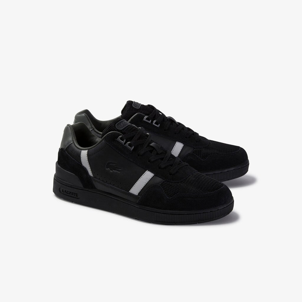 Mens   T-Clip Leather and Suede Sneakers | Lacoste Black / Grey • 237
