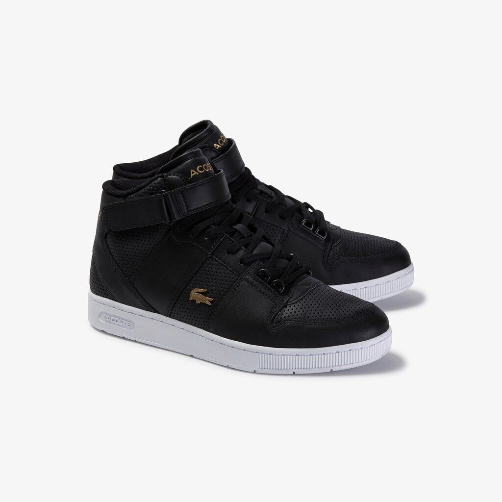 Mens   Tramline Mid Perforated Leather Sneakers | Lacoste Black/White • 312