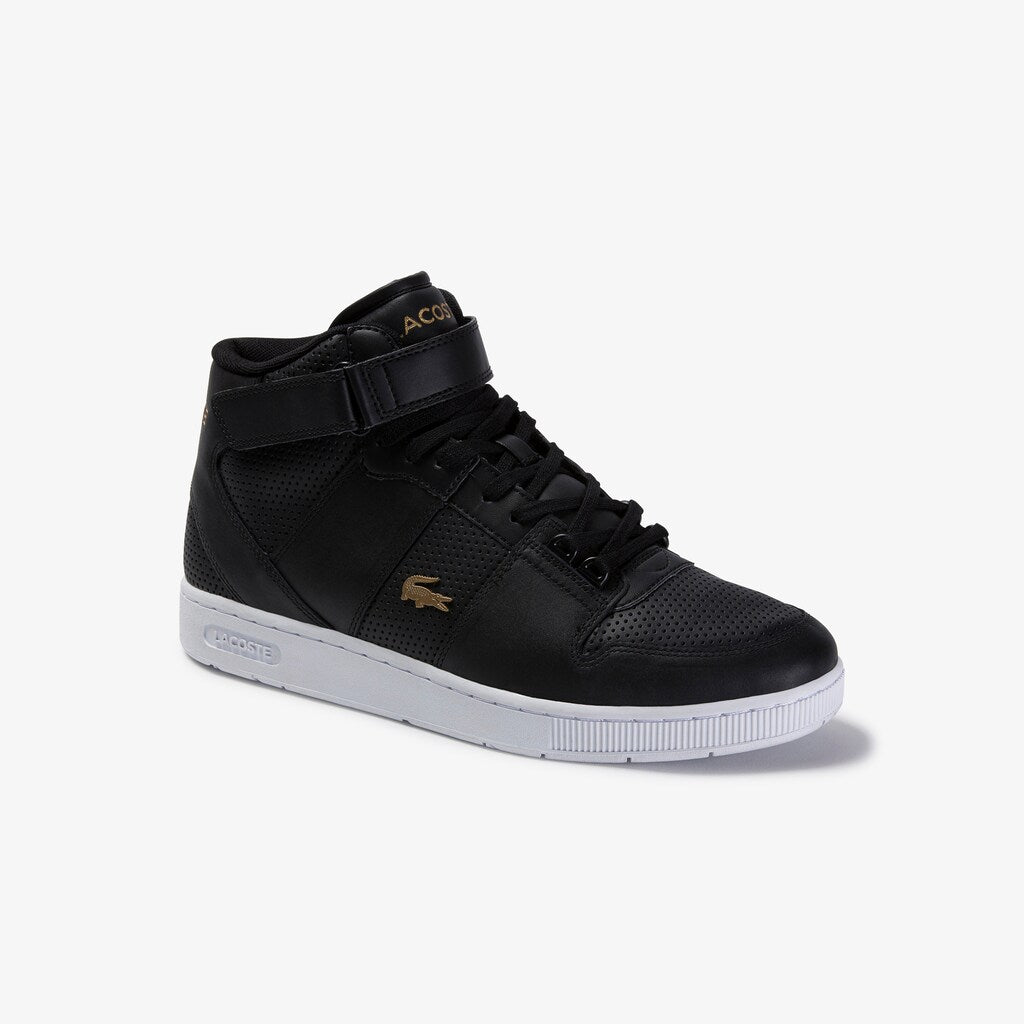 Mens   Tramline Mid Perforated Leather Sneakers | Lacoste Black/White • 312