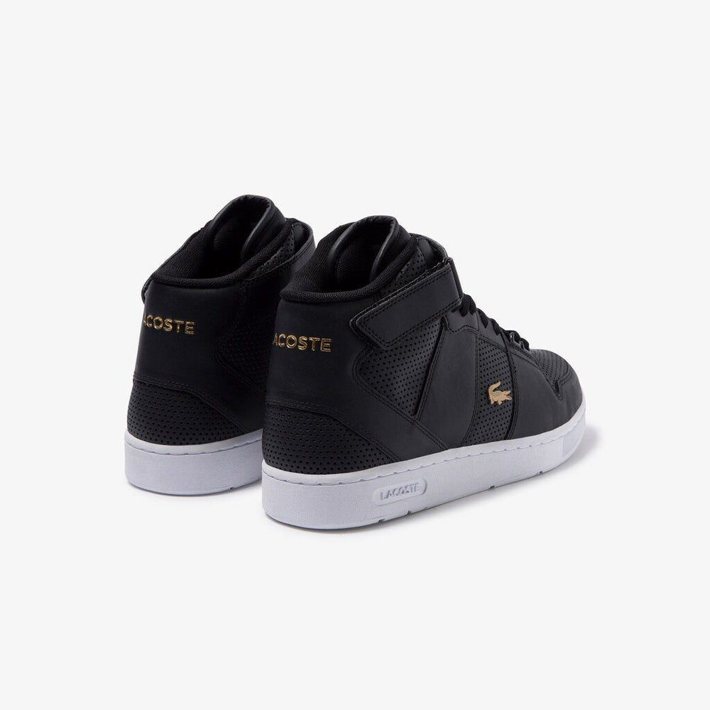 Mens   Tramline Mid Perforated Leather Sneakers | Lacoste Black/White • 312