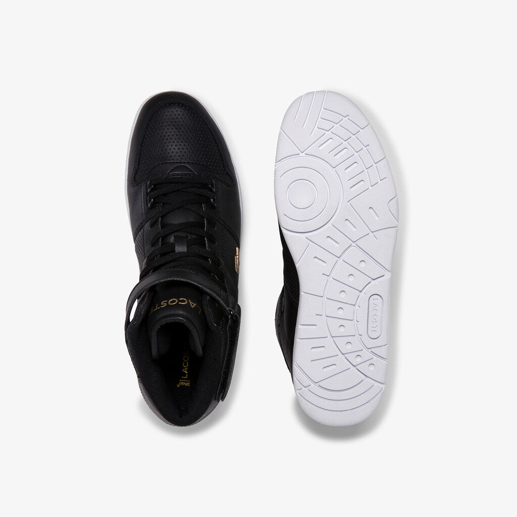 Mens   Tramline Mid Perforated Leather Sneakers | Lacoste Black/White • 312