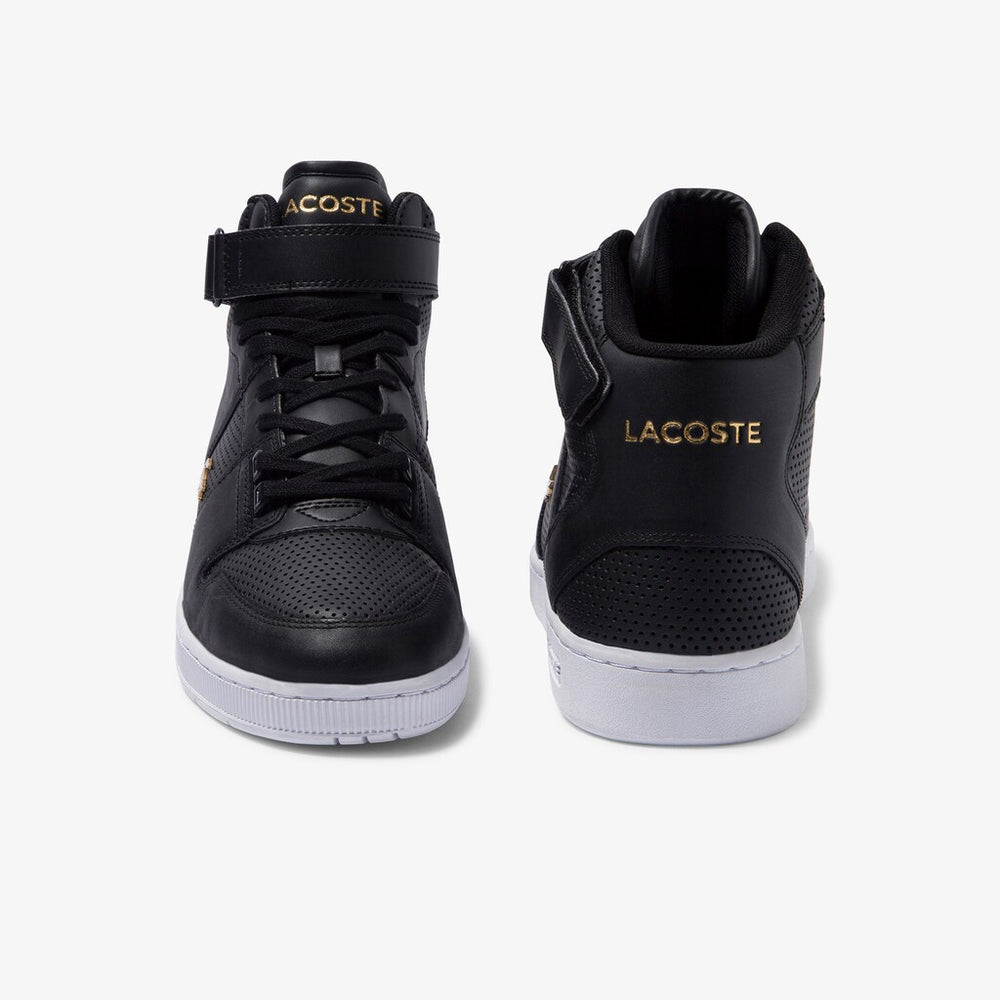 Mens   Tramline Mid Perforated Leather Sneakers | Lacoste Black/White • 312