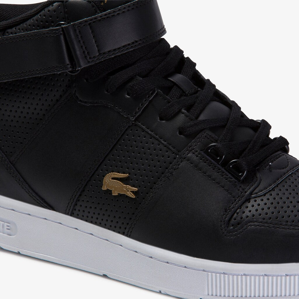 Mens   Tramline Mid Perforated Leather Sneakers | Lacoste Black/White • 312