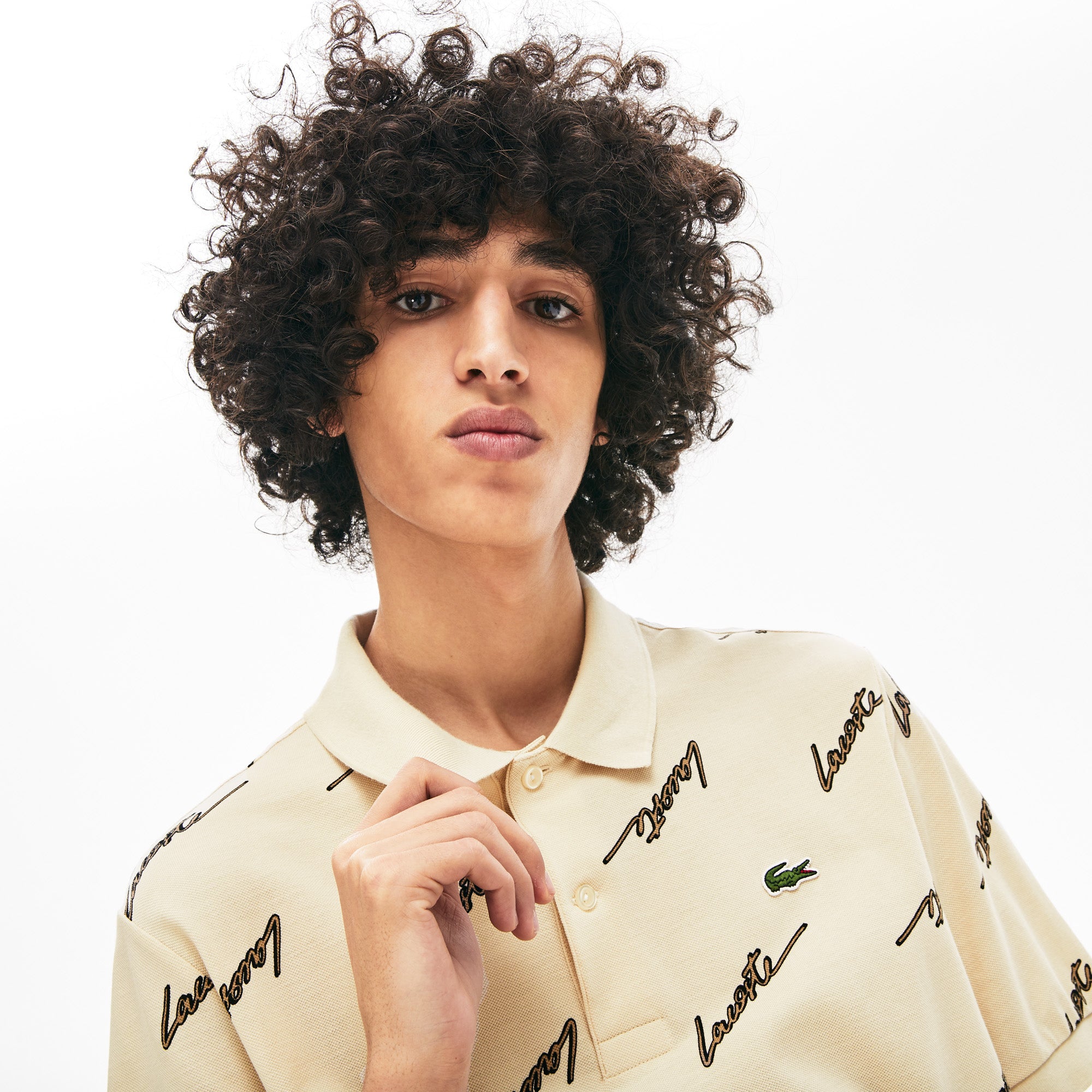Mens   LIVE Standard Fit Print Cotton Piqué Polo Shirt | Lacoste Beige • Wgu