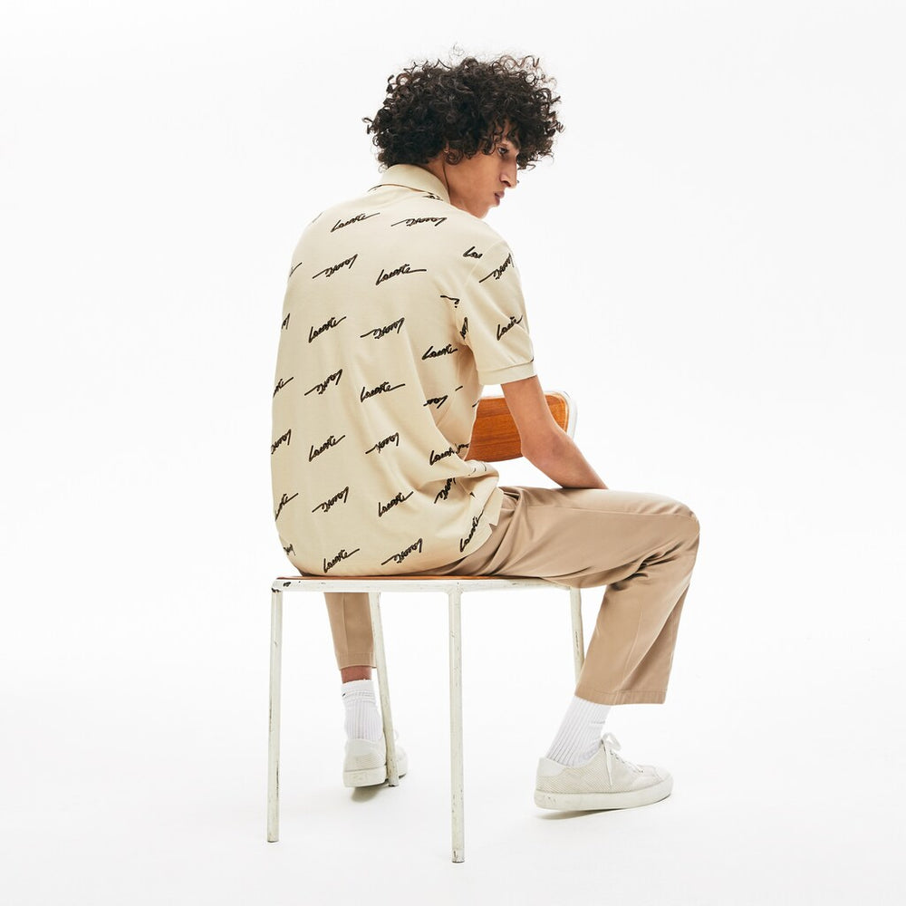 Mens   LIVE Standard Fit Print Cotton Piqué Polo Shirt | Lacoste Beige • Wgu