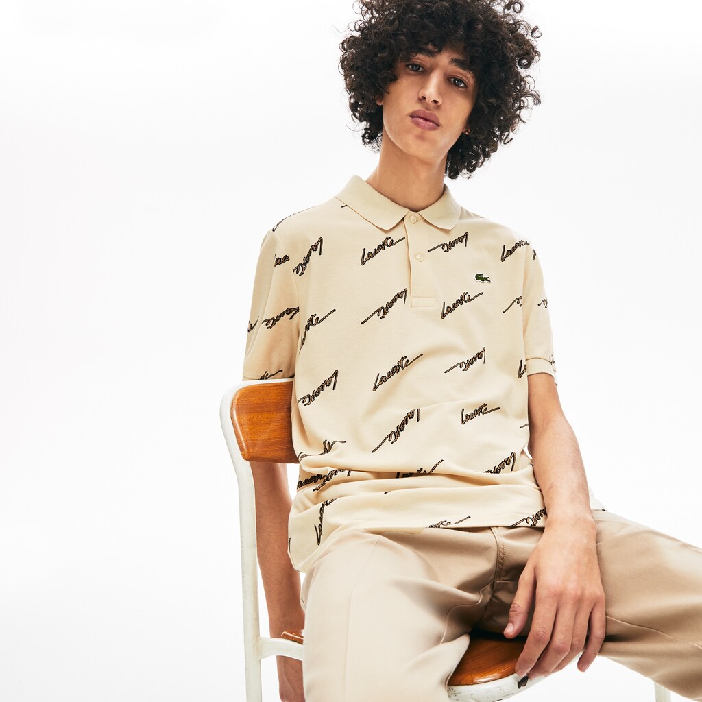 Mens   LIVE Standard Fit Print Cotton Piqué Polo Shirt | Lacoste Beige • Wgu