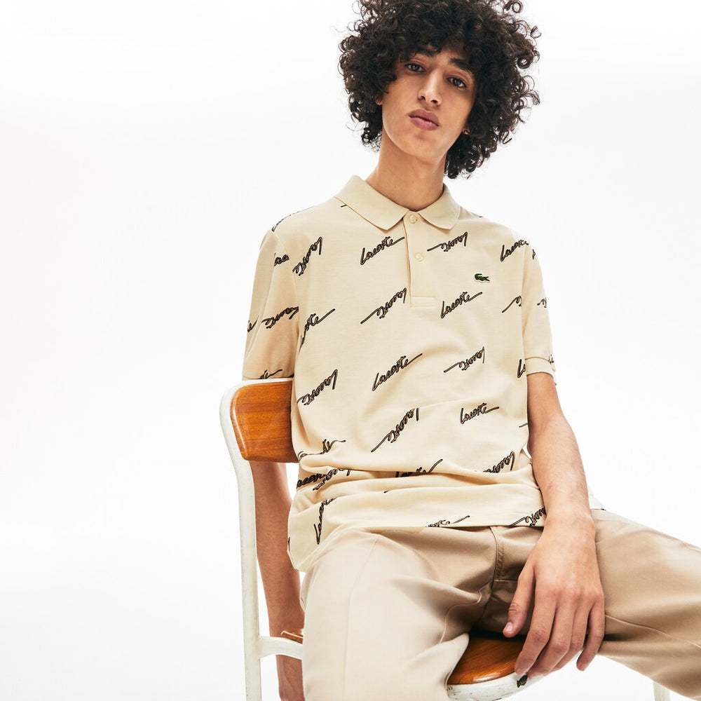Mens   LIVE Standard Fit Print Cotton Piqué Polo Shirt | Lacoste Beige • Wgu