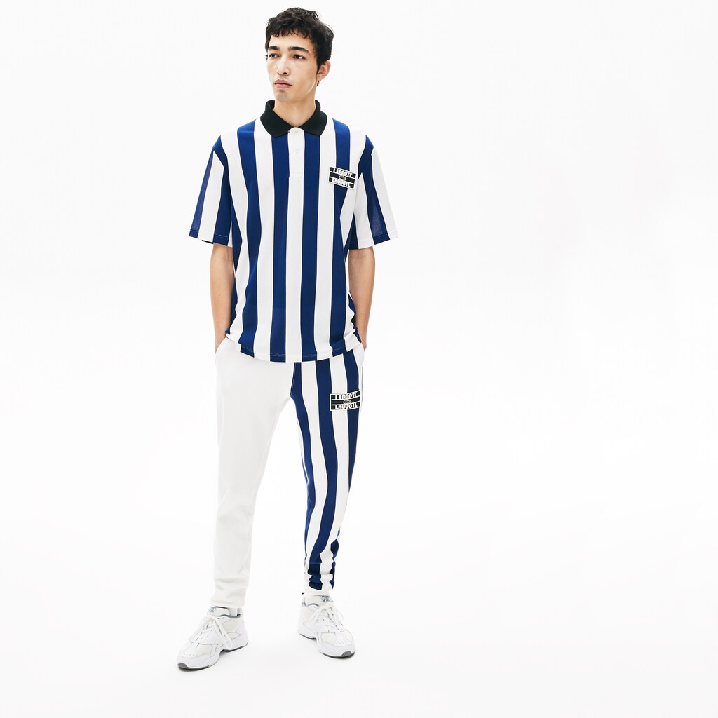 Mens   LIVE Loose Fit Striped Cotton Piqué Polo Shirt | Lacoste White / Navy Blue / Black • Wh5