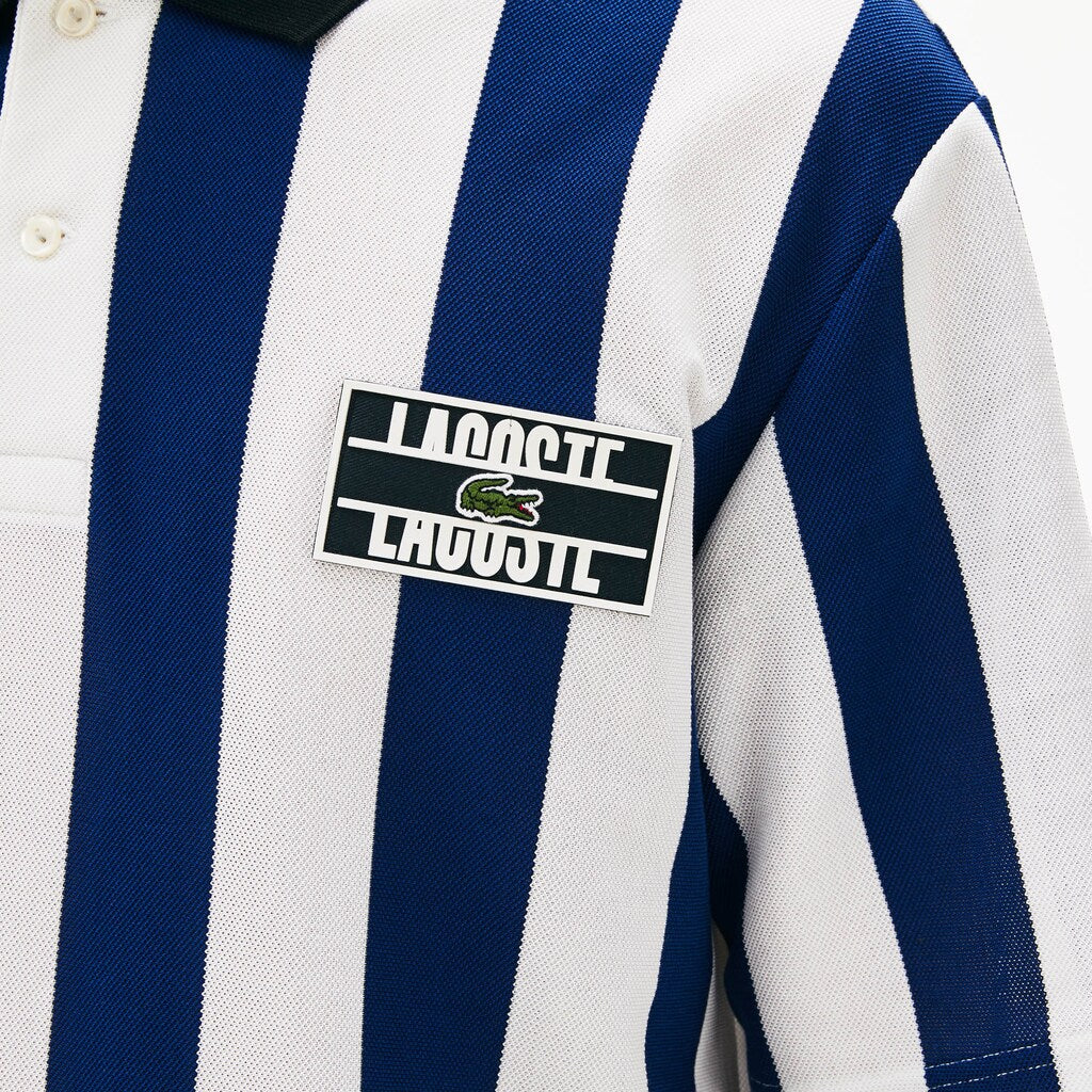 Mens   LIVE Loose Fit Striped Cotton Piqué Polo Shirt | Lacoste White / Navy Blue / Black • Wh5