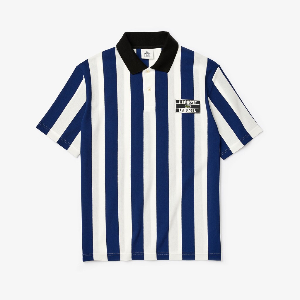 Mens   LIVE Loose Fit Striped Cotton Piqué Polo Shirt | Lacoste White / Navy Blue / Black • Wh5