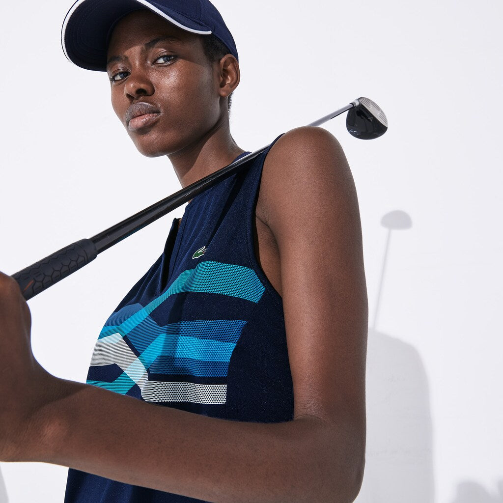 Womens Wo  SPORT Ultra Dry Geometric Print Performance Polo | Lacoste Navy Blue / Turquoise / Blue / White • Xsp