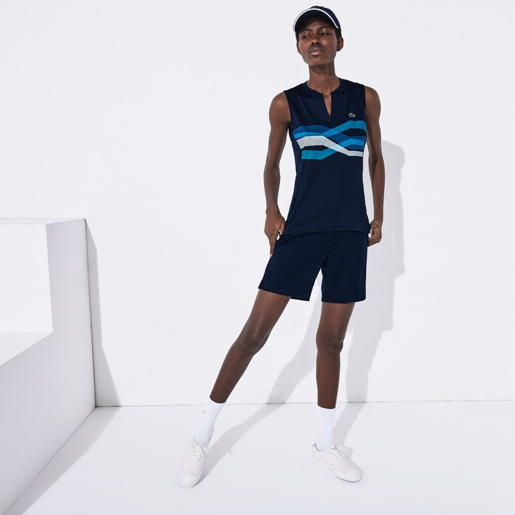 Womens Wo  SPORT Ultra Dry Geometric Print Performance Polo | Lacoste Navy Blue / Turquoise / Blue / White • Xsp