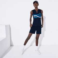 Womens Wo  SPORT Ultra Dry Geometric Print Performance Polo | Lacoste Navy Blue / Turquoise / Blue / White • Xsp