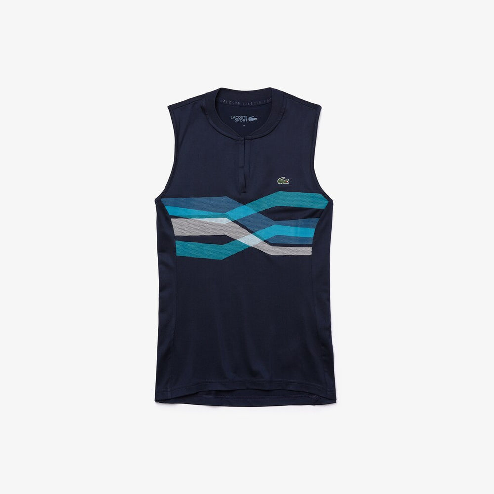 Womens Wo  SPORT Ultra Dry Geometric Print Performance Polo | Lacoste Navy Blue / Turquoise / Blue / White • Xsp