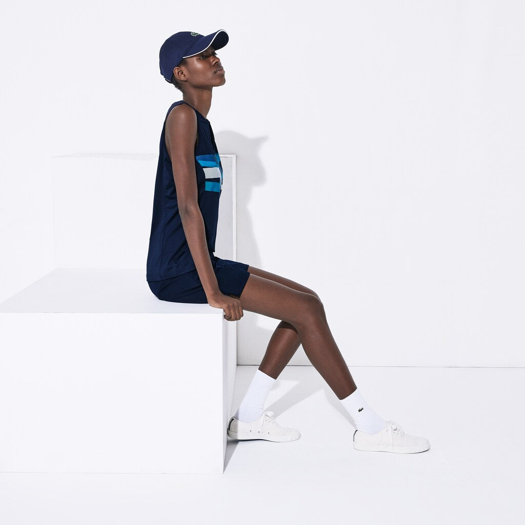 Womens Wo  SPORT Ultra Dry Geometric Print Performance Polo | Lacoste Navy Blue / Turquoise / Blue / White • Xsp