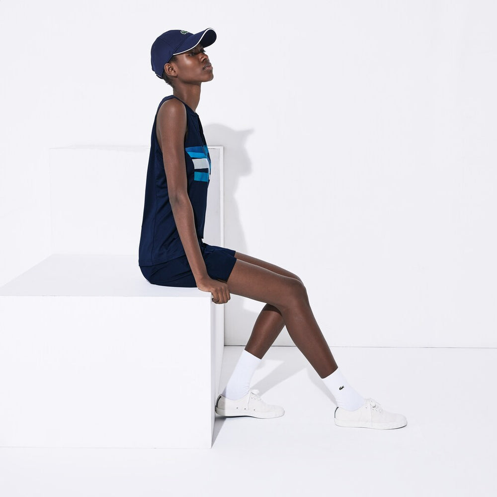 Womens Wo  SPORT Ultra Dry Geometric Print Performance Polo | Lacoste Navy Blue / Turquoise / Blue / White • Xsp