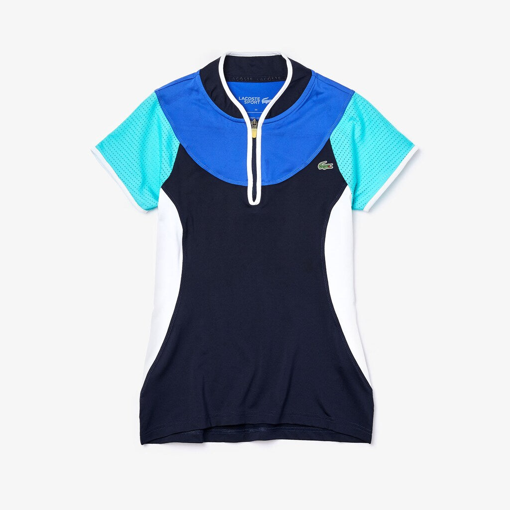 Womens Wo  SPORT Breathable Stretch Tennis Polo | Lacoste Navy Blue / Blue / Turquoise / White / Yellow • Y2V