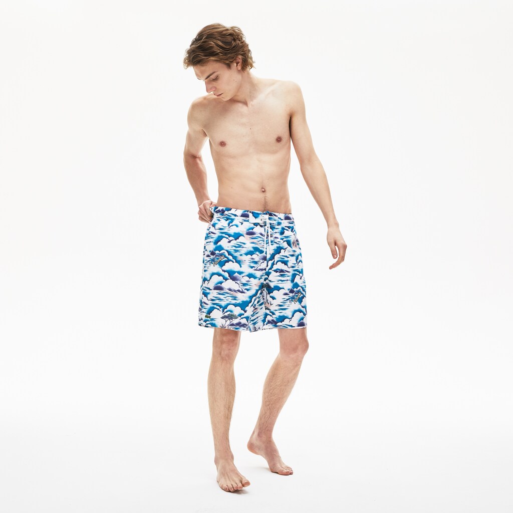 Mens   Print Light Quick-Dry Long Swim Shorts | Lacoste Blue / Light Pink / White • Ruf