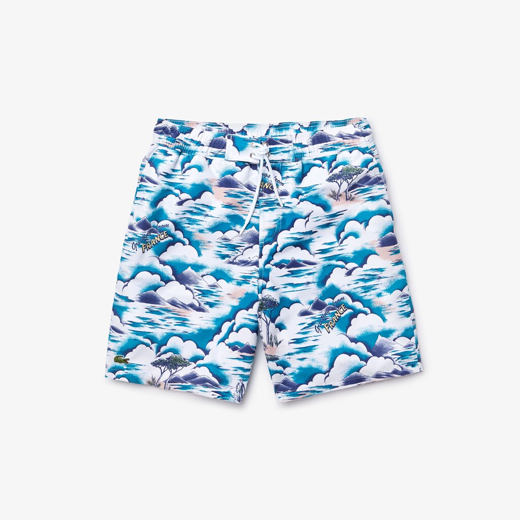 Mens   Print Light Quick-Dry Long Swim Shorts | Lacoste Blue / Light Pink / White • Ruf