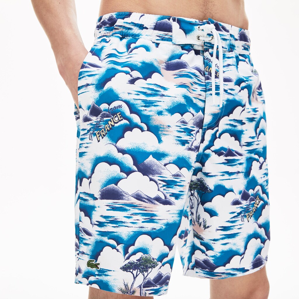 Mens   Print Light Quick-Dry Long Swim Shorts | Lacoste Blue / Light Pink / White • Ruf
