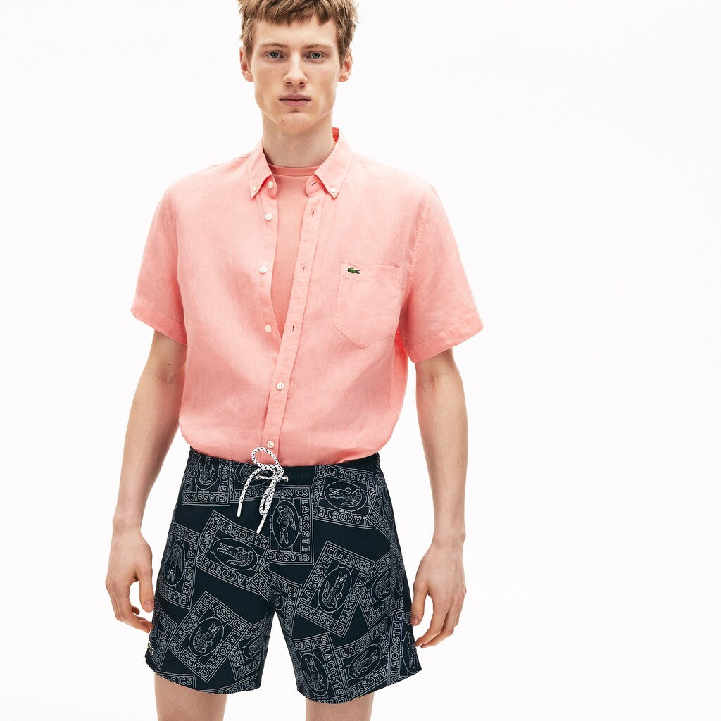 Mens   Postcard Print Quick-Dry Swim Trunks | Lacoste Navy Blue / White • X31