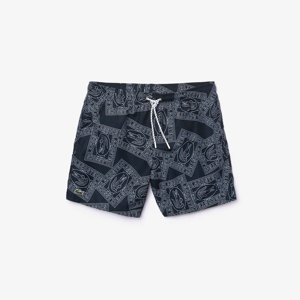Mens   Postcard Print Quick-Dry Swim Trunks | Lacoste Navy Blue / White • X31