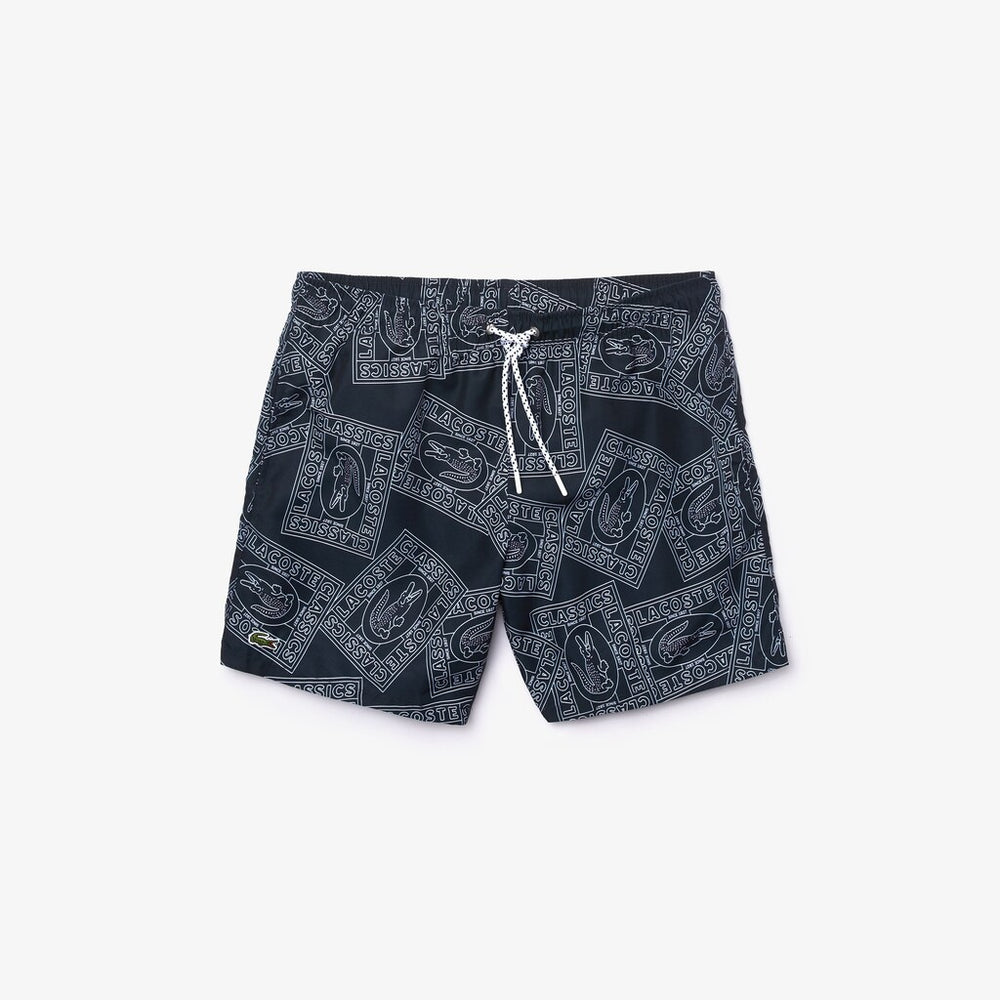 Mens   Postcard Print Quick-Dry Swim Trunks | Lacoste Navy Blue / White • X31