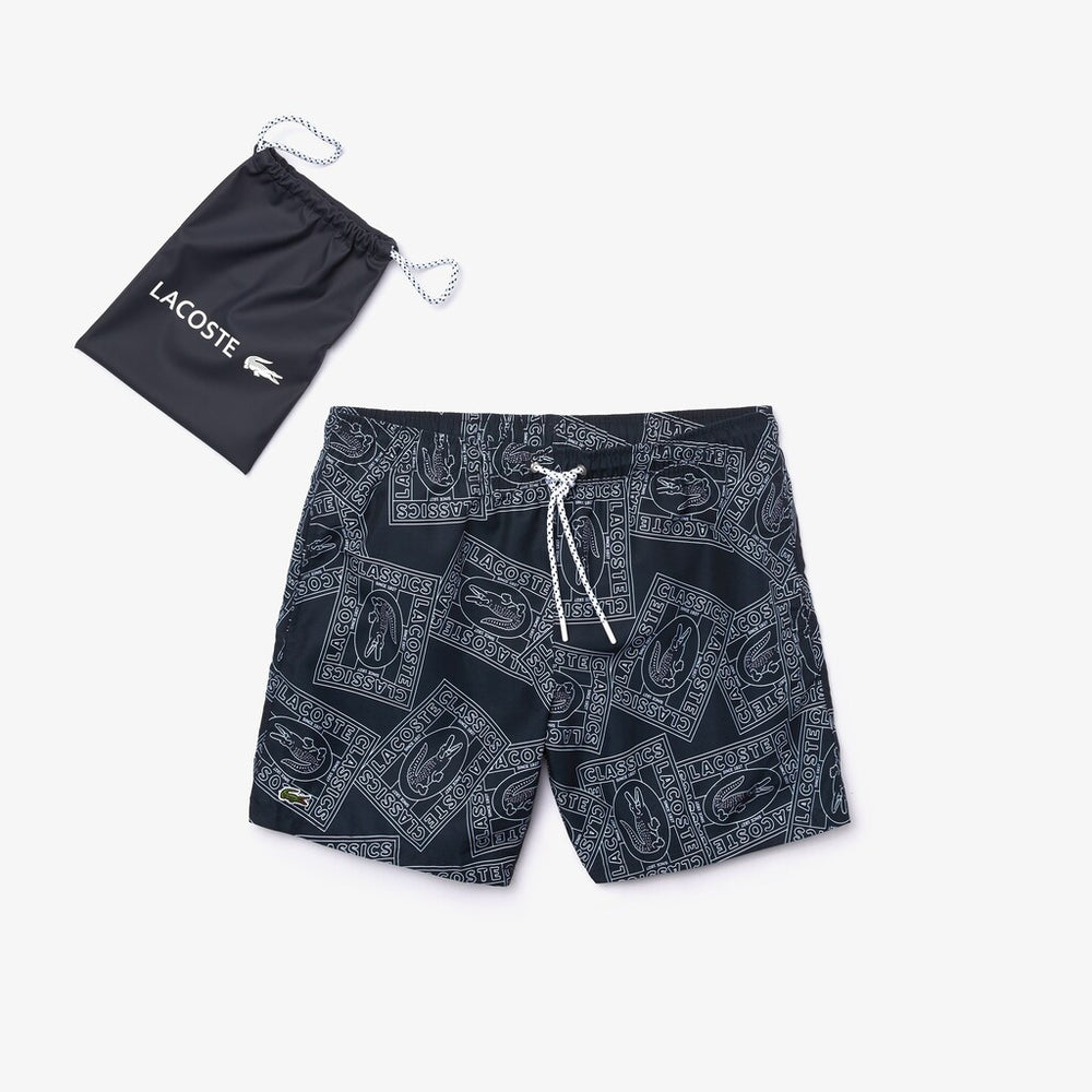 Mens   Postcard Print Quick-Dry Swim Trunks | Lacoste Navy Blue / White • X31