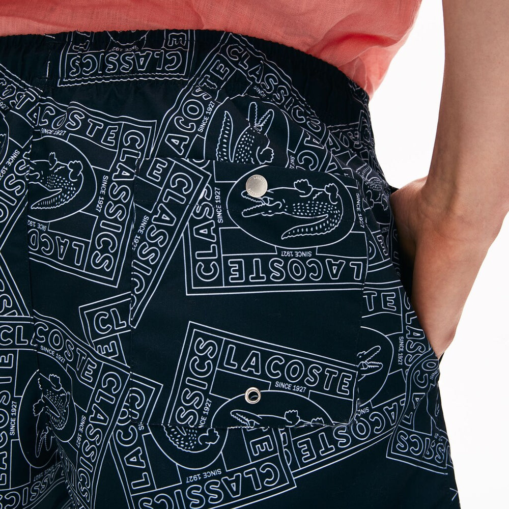 Mens   Postcard Print Quick-Dry Swim Trunks | Lacoste Navy Blue / White • X31