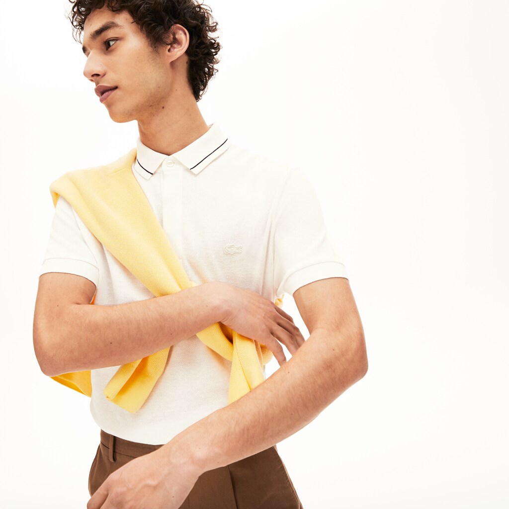 Mens   Regular Fit Linen-Blend Polo Shirt | Lacoste White / Black • 8Lp