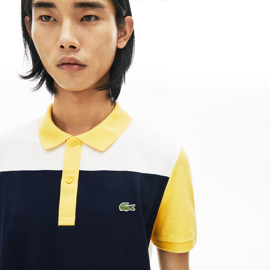 Mens   Stretch Colorblock Polo Shirt | Lacoste White / Navy Blue / Yellow • Tys