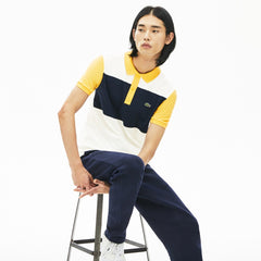 Mens   Stretch Colorblock Polo Shirt | Lacoste White / Navy Blue / Yellow • Tys