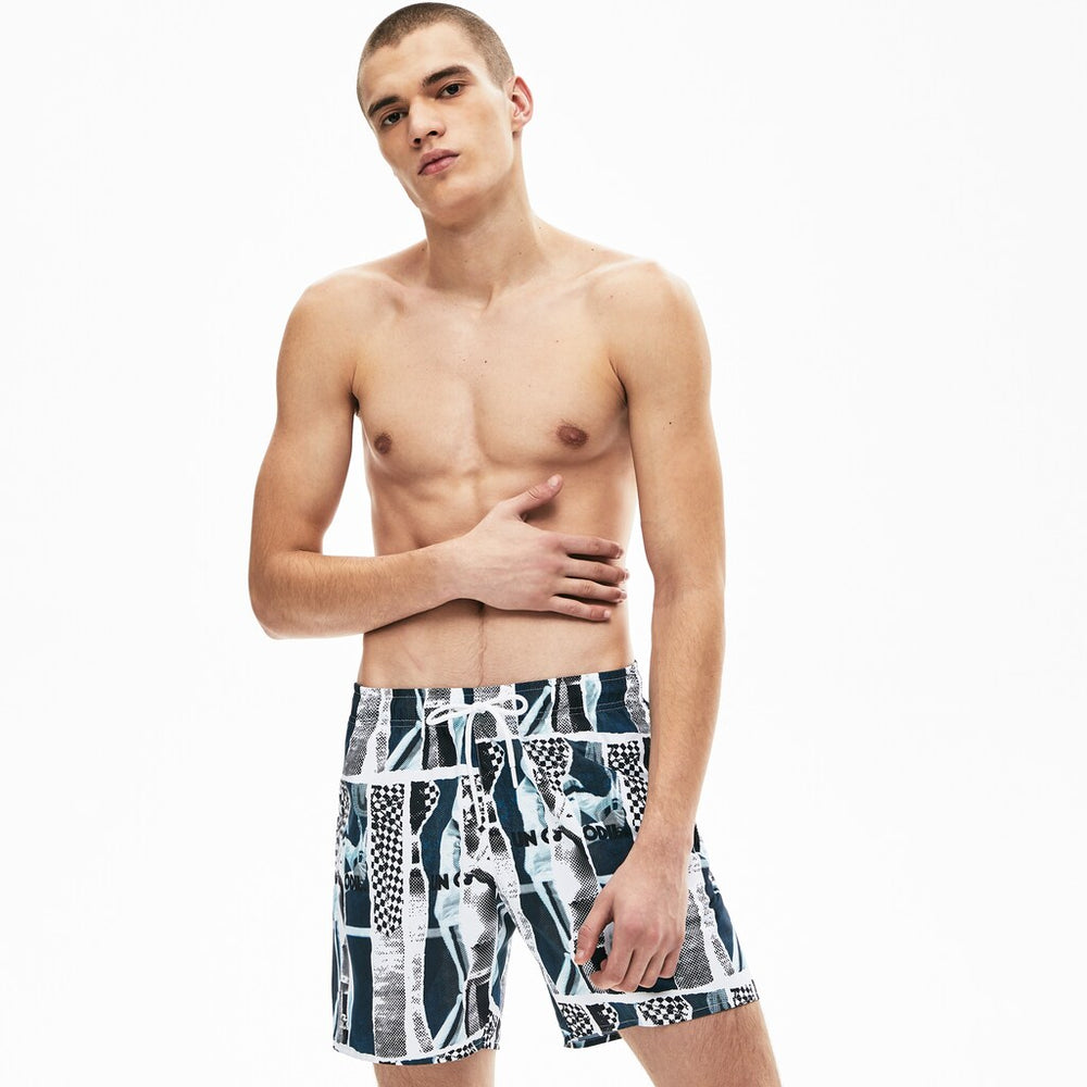 Mens   LIVE Graphic Print Lightweight Swimming Trunks | Lacoste White / Blue / White • M3L