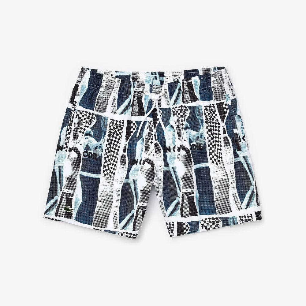 Mens   LIVE Graphic Print Lightweight Swimming Trunks | Lacoste White / Blue / White • M3L
