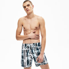 Mens   LIVE Graphic Print Lightweight Swimming Trunks | Lacoste White / Blue / White • M3L