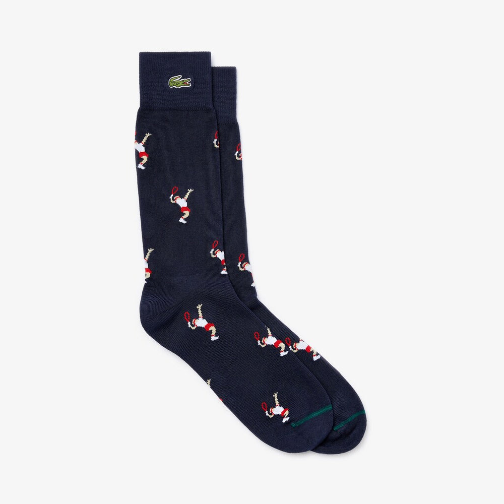 Mens Unisex LIVE Tennis Player Pattern Socks | Lacoste Navy Blue / White • Qrn