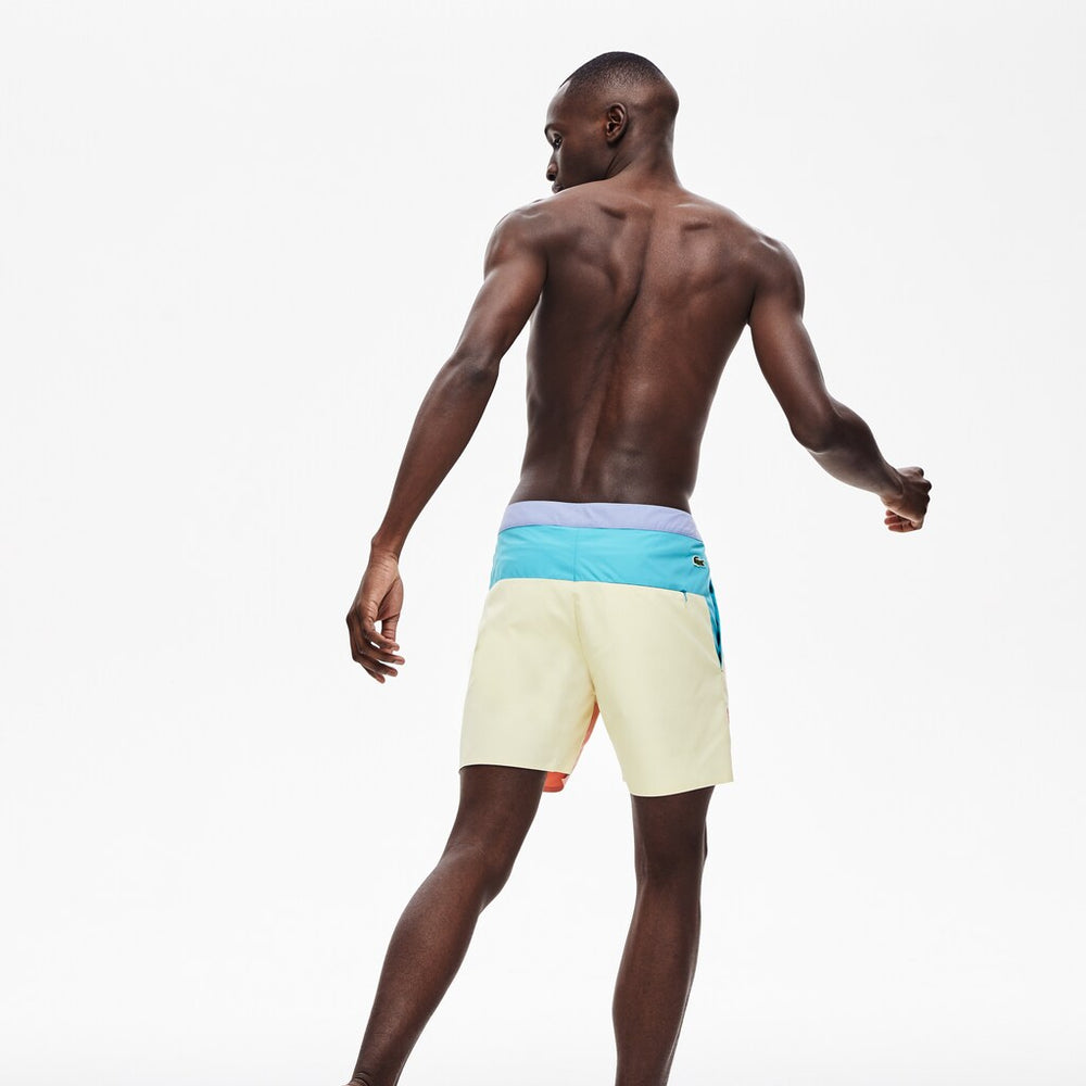 Mens   Striped Colorblock Quick-Dry Swim Shorts | Lacoste Purple / Yellow / Pink / Turquoise • Tcb