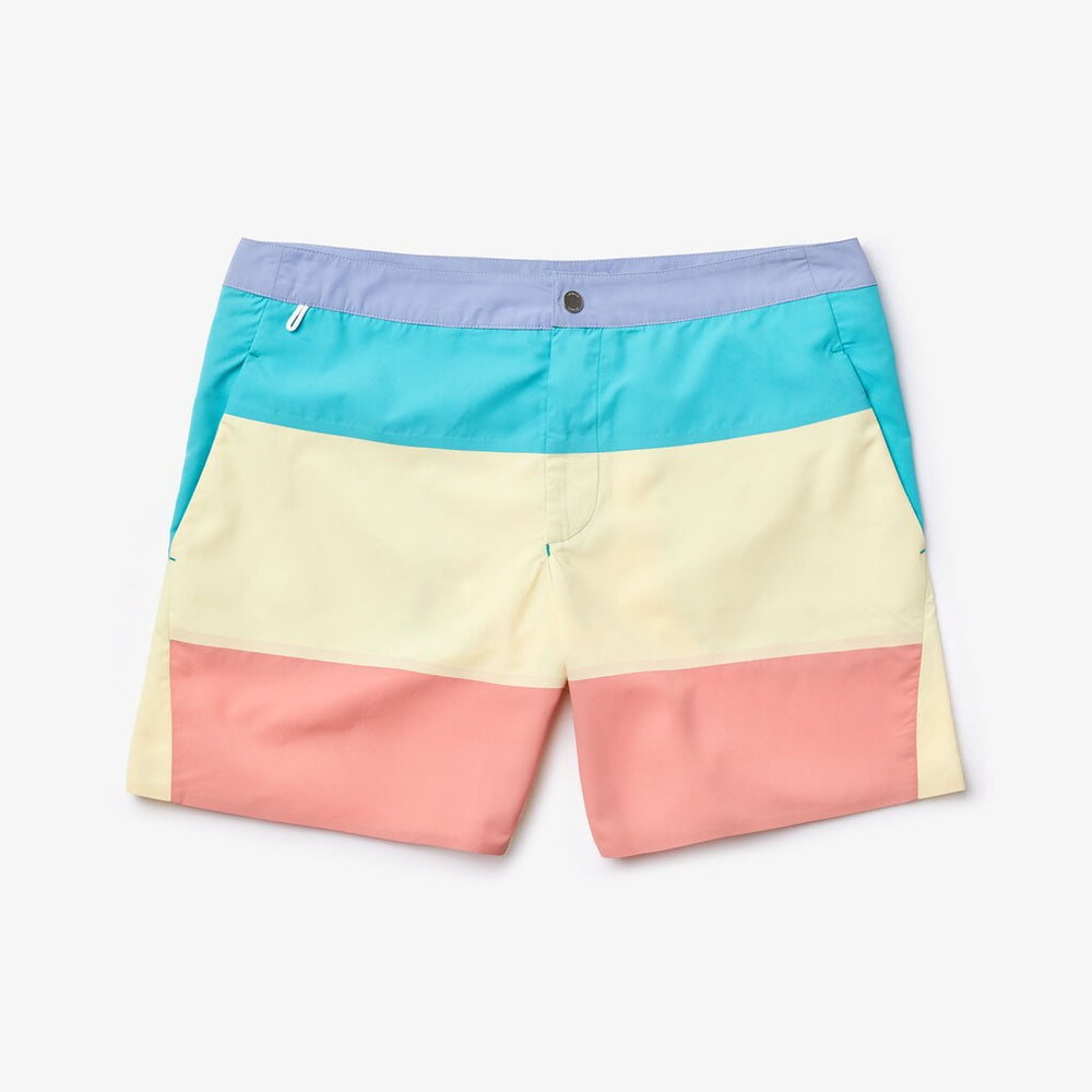 Mens   Striped Colorblock Quick-Dry Swim Shorts | Lacoste Purple / Yellow / Pink / Turquoise • Tcb